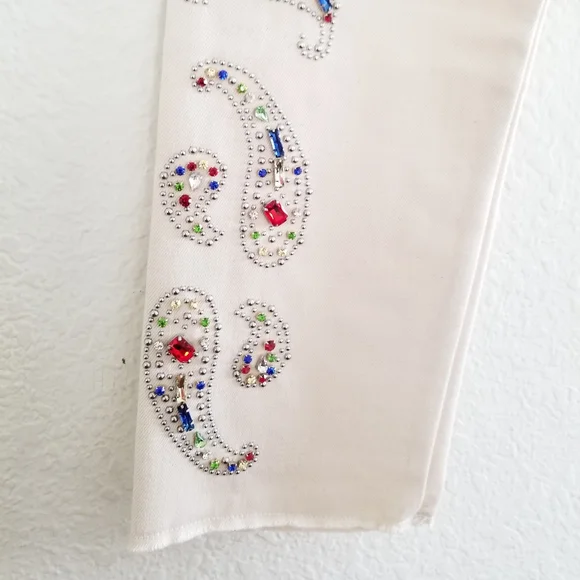 Golden Goose Texas Paisley Embroidery Ivory Straight Raw-Cut Crop Jeans … - Picture 9 of 14